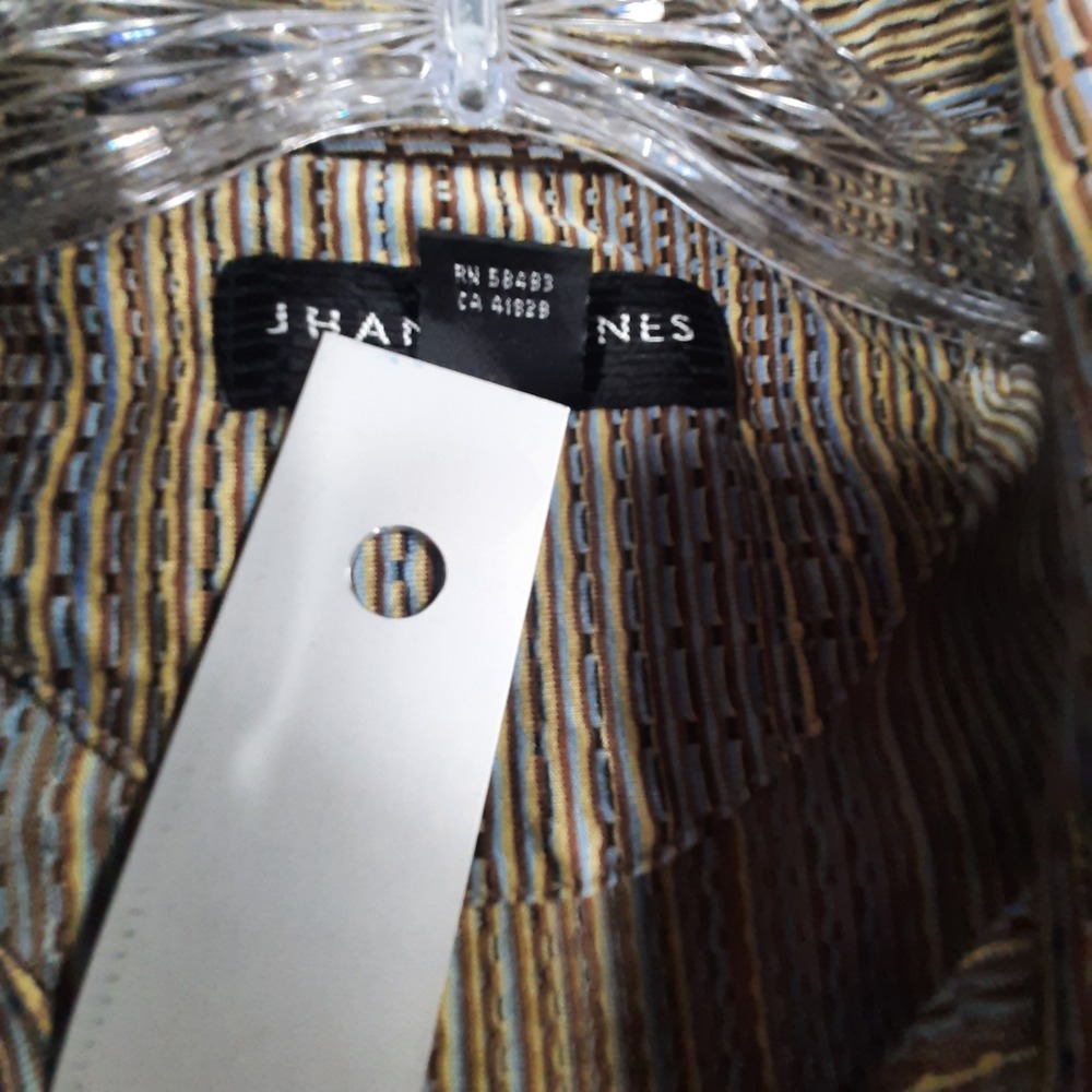 Jhane Barnes Men XL Jacquard Art Deco Textured Shirt Tan Blue Vertical Stripe - Picture 12 of 12